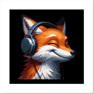 Smiling musical fox wearing headphones Posters and Art